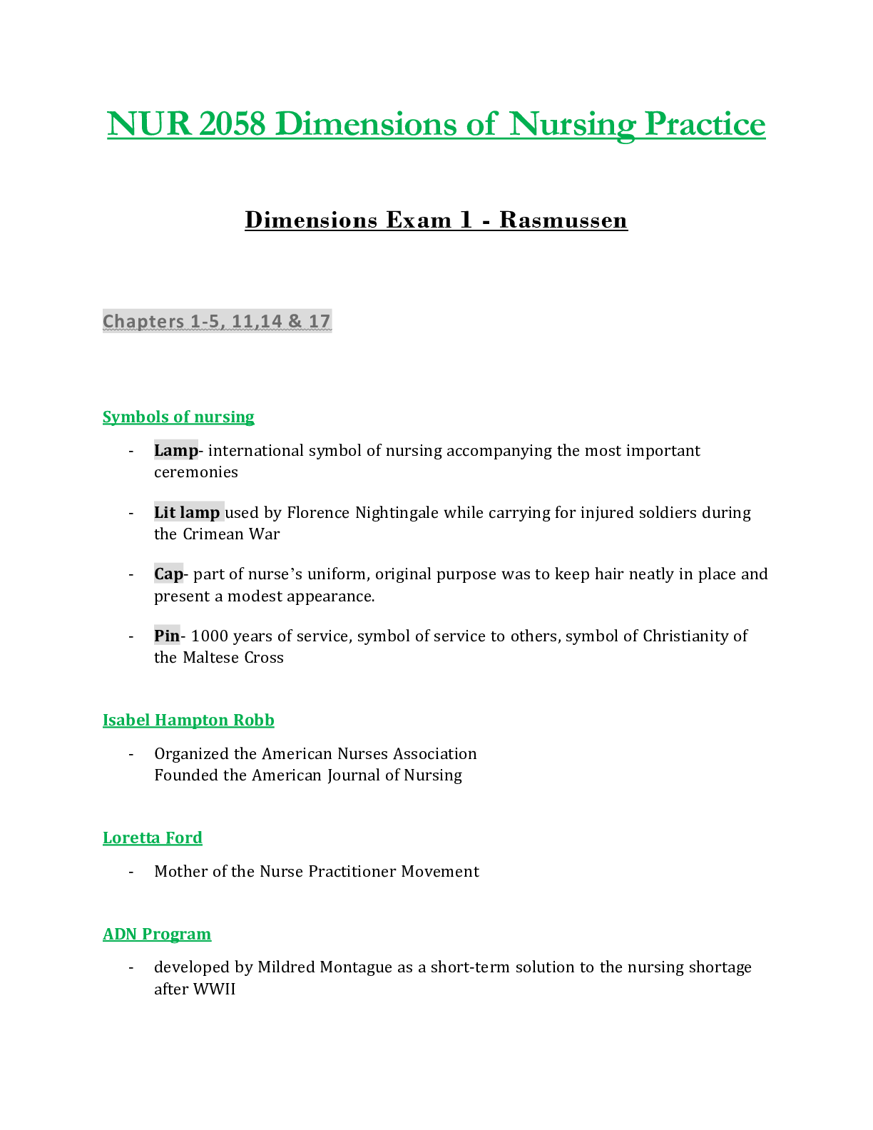 NUR 2058 / NUR2058 Exam 1 Updated: Dimensions of Nursing Practice - Rasmussen